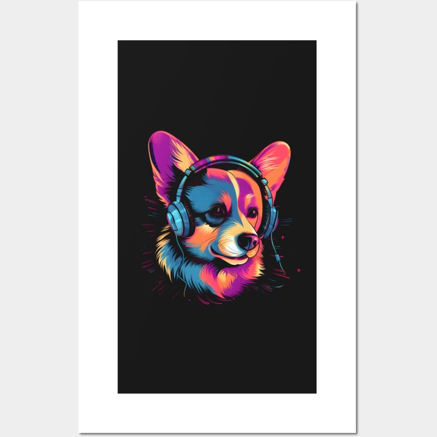 corgi wearing headphones - synth wave style Wall Art by ro83land